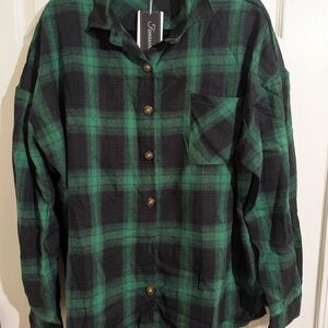 Green and Black Plaid Button-Up Shirt